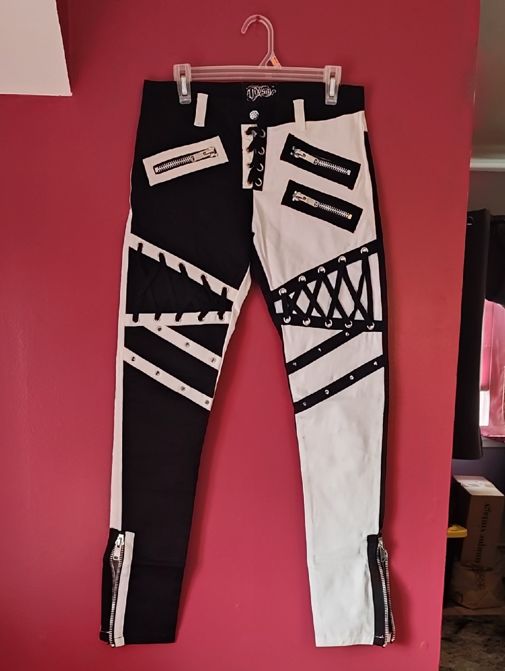 Two-Tone Black & White Lace-Up Punk Pants